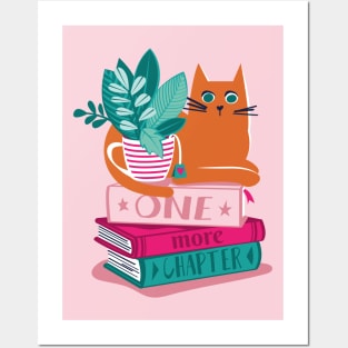 One more chapter // spot // pastel pink background orange tabby cat striped mug with plants orange teal and yellow books with quote Posters and Art